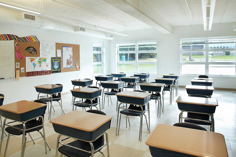 Empty desks in a classroom