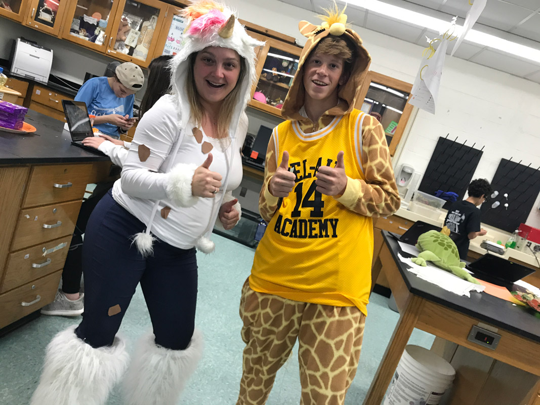 Teacher Lori Kenny and sophomore Cole Pillion get into the spirit of the day.