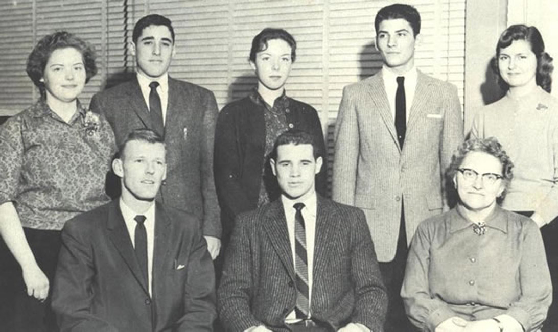 Don Loughlin (front left) with  faculty members and 1959 GO leaders, including class President Jerry Asher (front center).