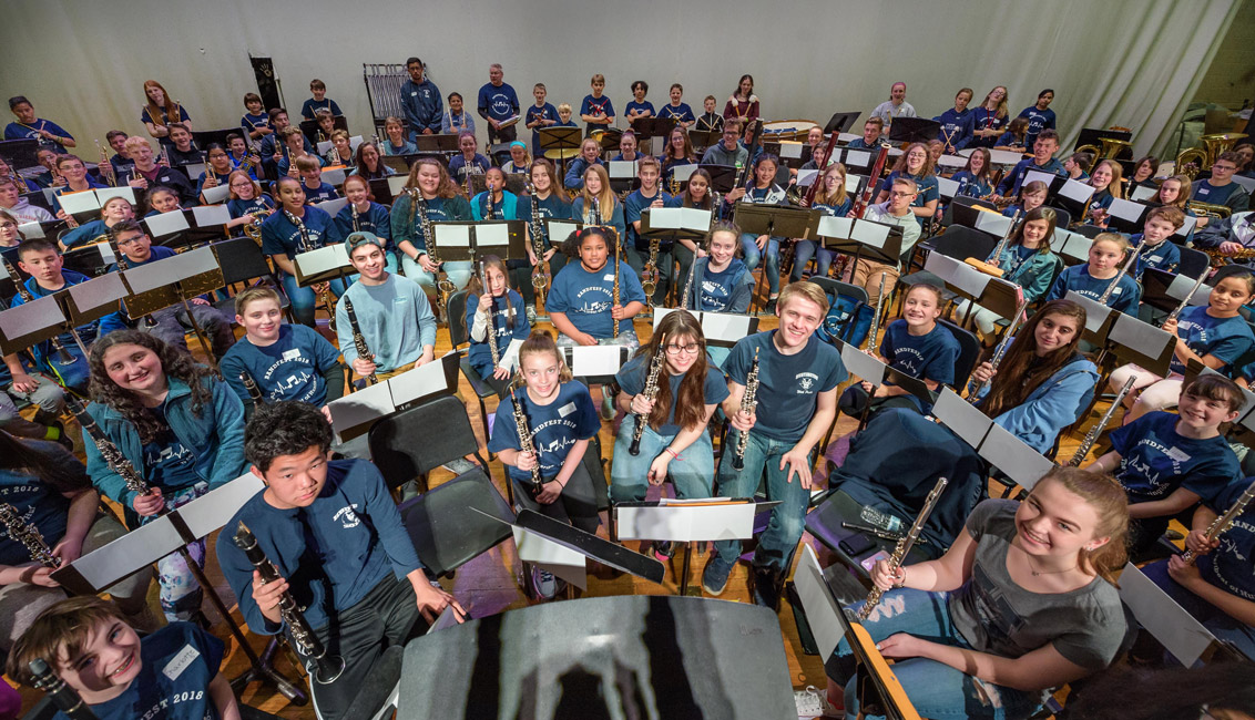 The Huntington High School stage was filled during Band Fest. (Darin Reed photo.)