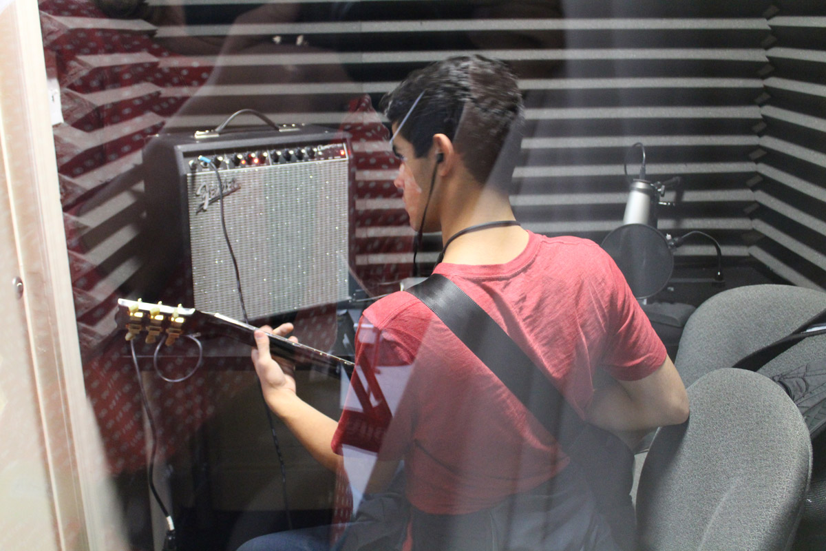 Chris Bavaro in the sound room recording music for the film The Hunt..