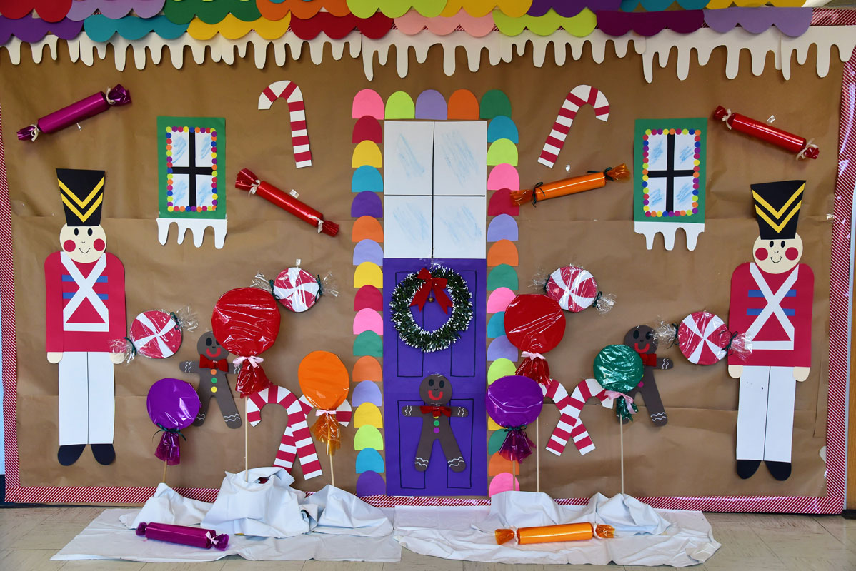 Art teacher Maria Mazzola created this floor to ceiling display near the main office at Washington Primary School.