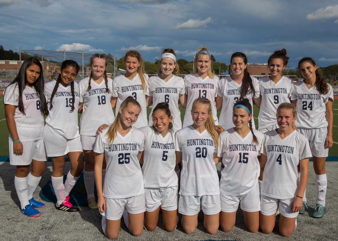 Alexandra Lourenso (front row center No. 20) with fellow girls' soccer seniors. (Mike Connell photo.)