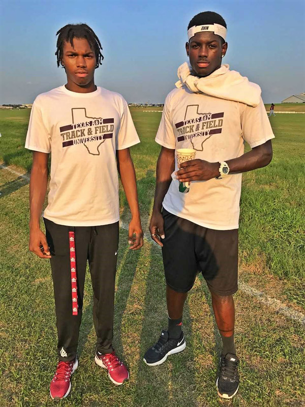 Kyree Johnson (left) with former Blue Devil teammate and current Texas A&M track teammate Infinite Tucker.