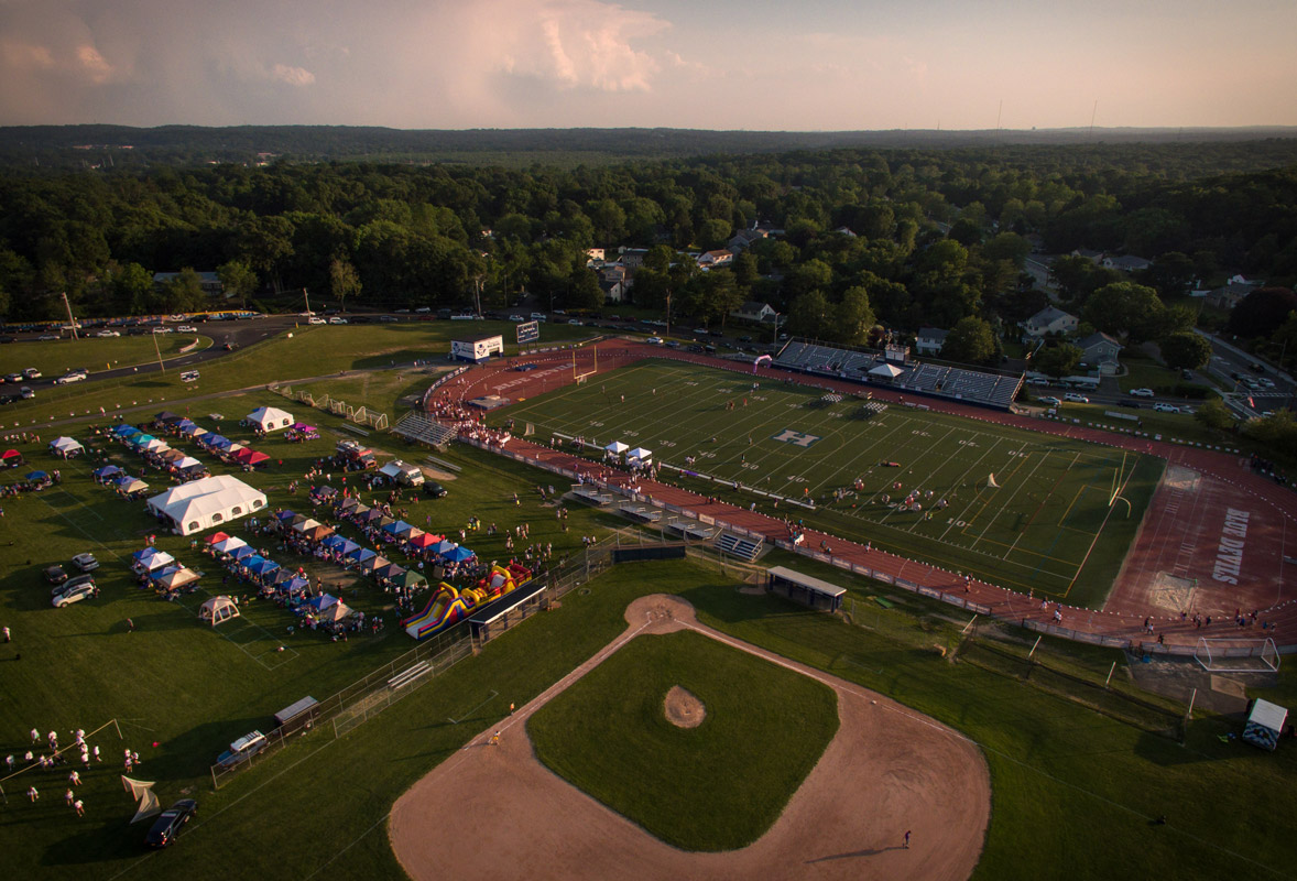 A previous year's Relay For Life village is visible from high above the athletic field. (Darin Reed photo.)