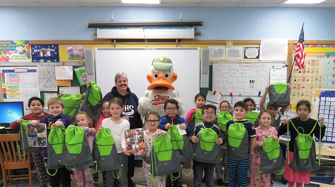 QuakerJack with teacher Jim Lauter and Jeremy Romero Jaramillo second grade class.