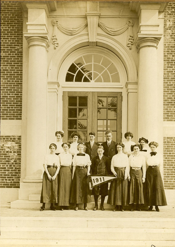 Huntington's Class of 1911 on the front steps of the high school on Main Street.