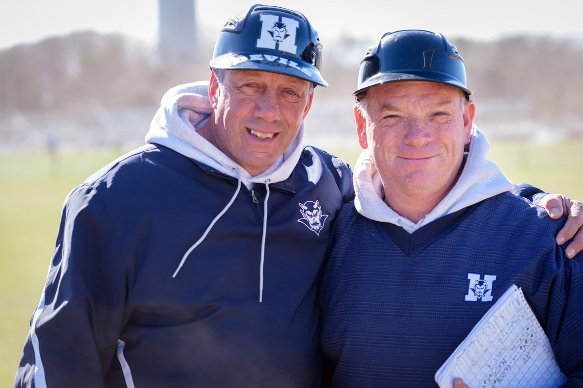 Huntington varsity softball coaches Jim Byrnes and John Walsh. (Darin Reed photo.)