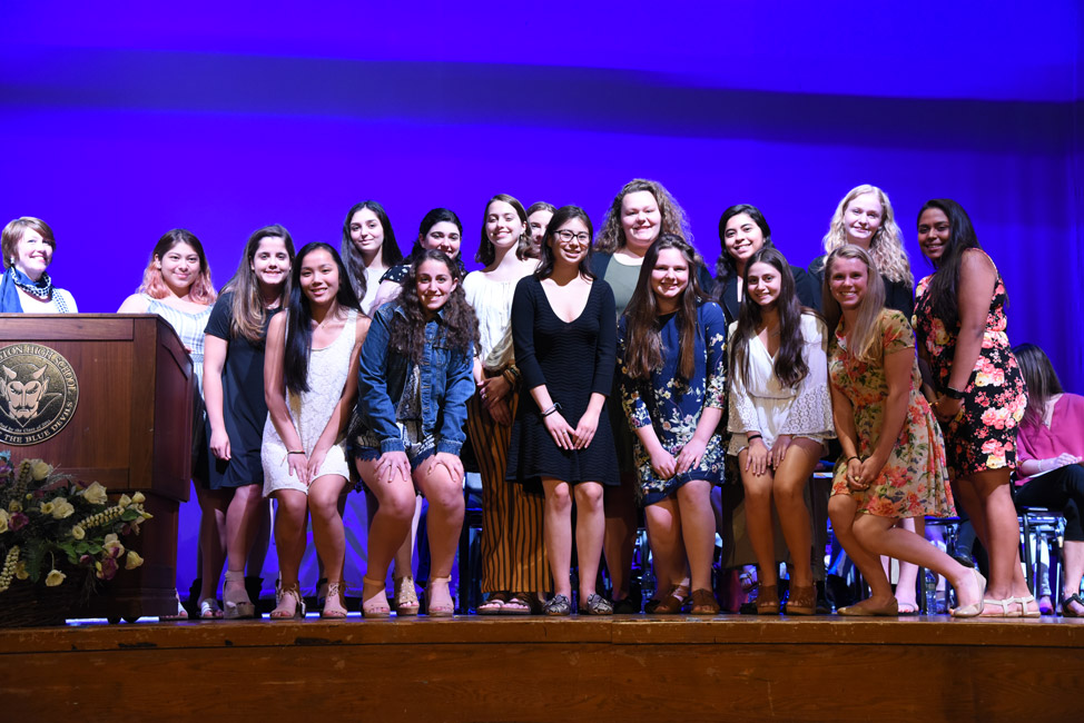 The St. John's University Women is Science Award recipients fill the Huntington High School stage 