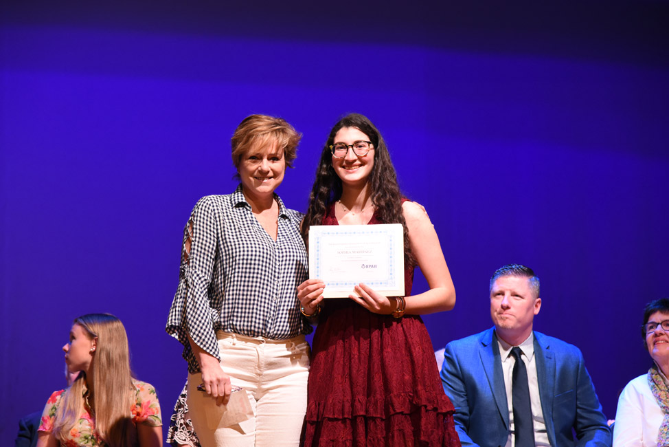 Linda Shoemaker Blue Devil Band Scholarship recipient Sophia Martinez with BPAH President Pamela Fallon 
