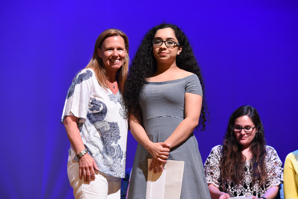 Huntington High School PTSA President Nancy DiGiacomo with scholarship recipient Cynthia Ortega