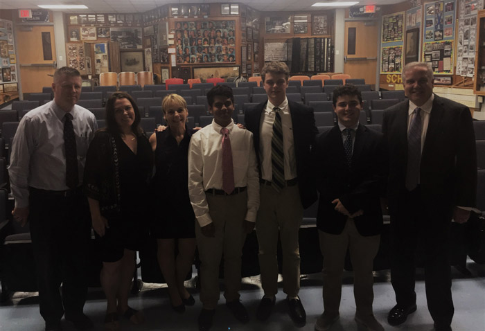 The Huntington Shark Tank judges with the winning team members