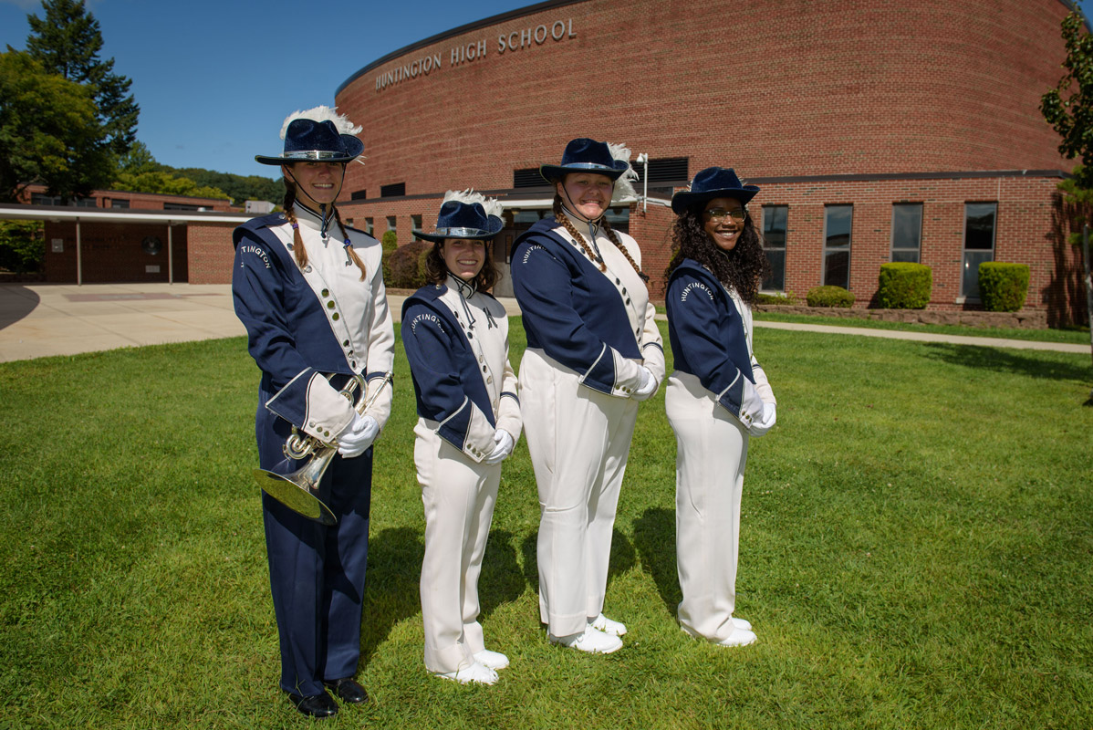 Jamie Rosenbauer (second from right) with fellow 2017-18 Blue Devil marching band leaders. (Darin Reed photo.)