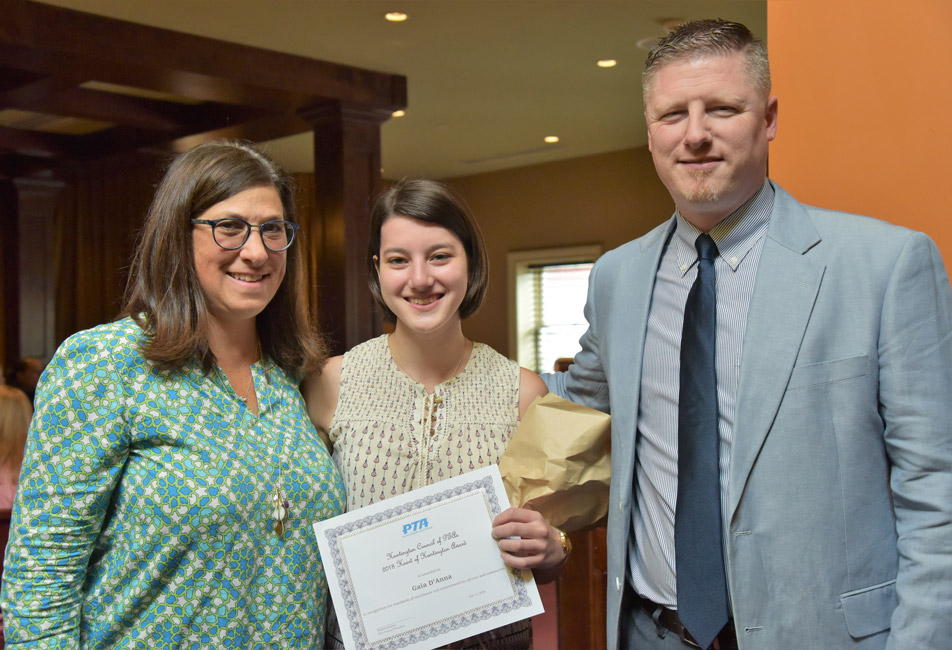 Heart of Huntington Award recipient Gaia D'Anna with PTA Council President Michele Kustera and Principal Brenden Cusack