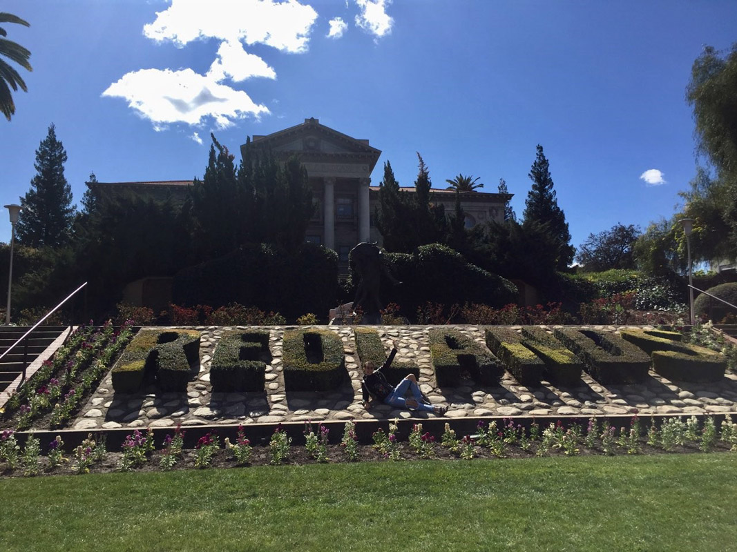 Christina Nigro feels right at home in front of a campus landmark.
