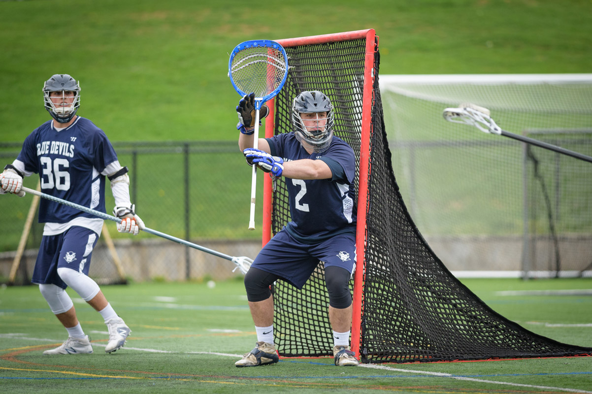 Sam Bergman in goal for the Blue Devil lacrosse team. (Darin Reed photo.)