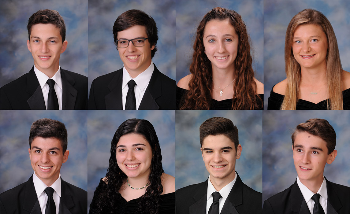 Clockwise from top left - Valedictorian Aidan Forbes, Aidan McCooey, Alexandra Heuwetter, Niamh Condon, Thomas Edgar-McNerne,  Salutatorian Sebastian Stamatatos, Rachel Moss and Peter Ciccone