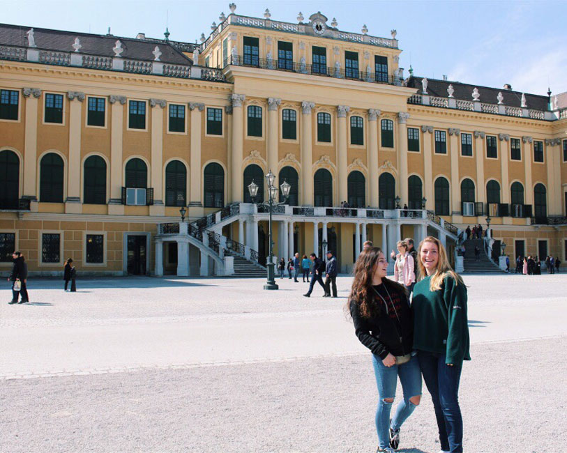 Cameron Fehrs (right and classmate Mia Breitbarth in Eastern Europe last spring.