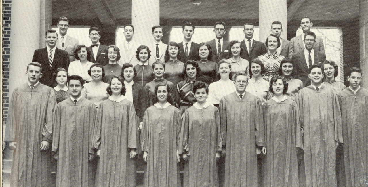 New inductees and continuing members of Huntington's 1958 National Honor Society chapter.