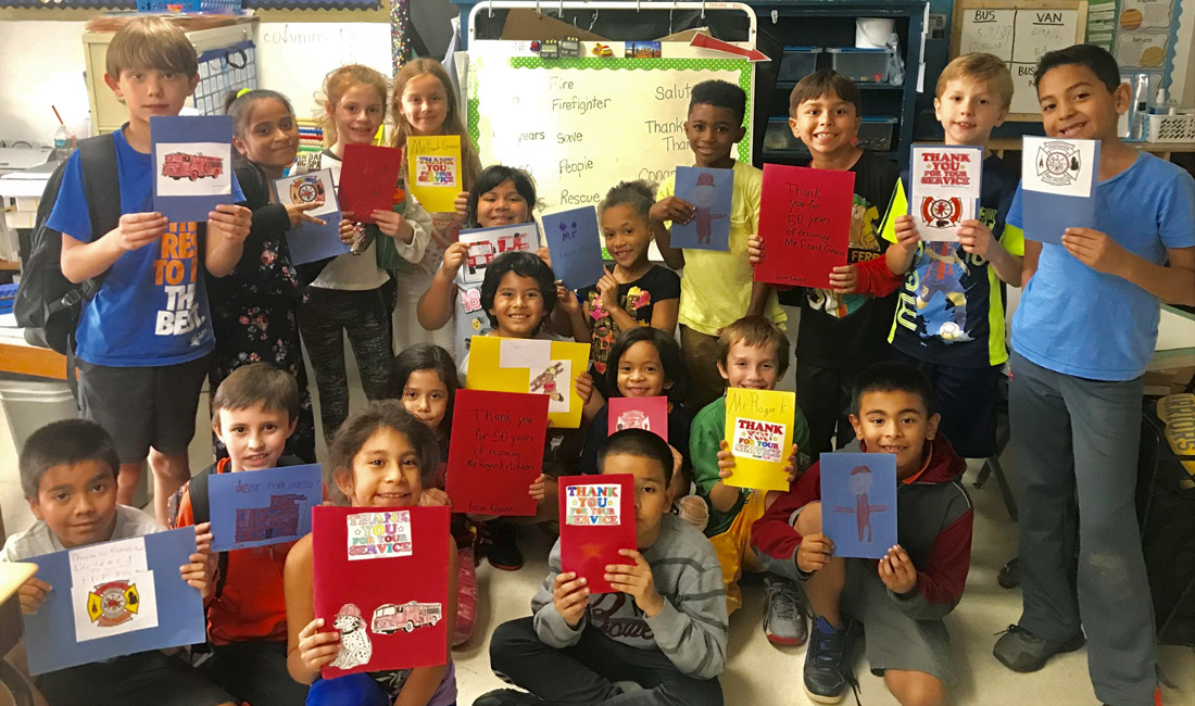 Southdown third graders in teacher Carlene Courdane's class celebrated the careers of two 50 year Halesite Fire Dept. members.
