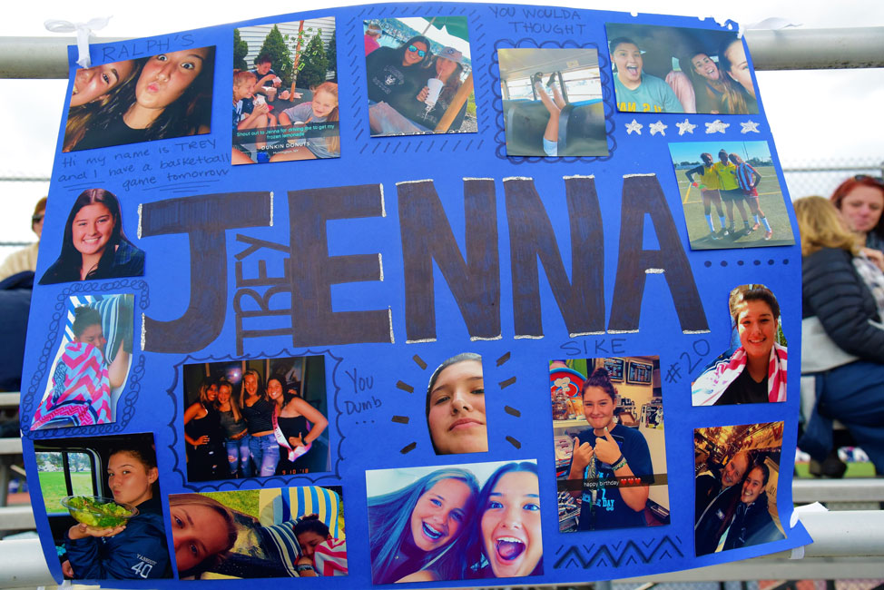 A poster commemorating the soccer career of Jenna Yabroudy on Senior Day at Blue Devil Field.