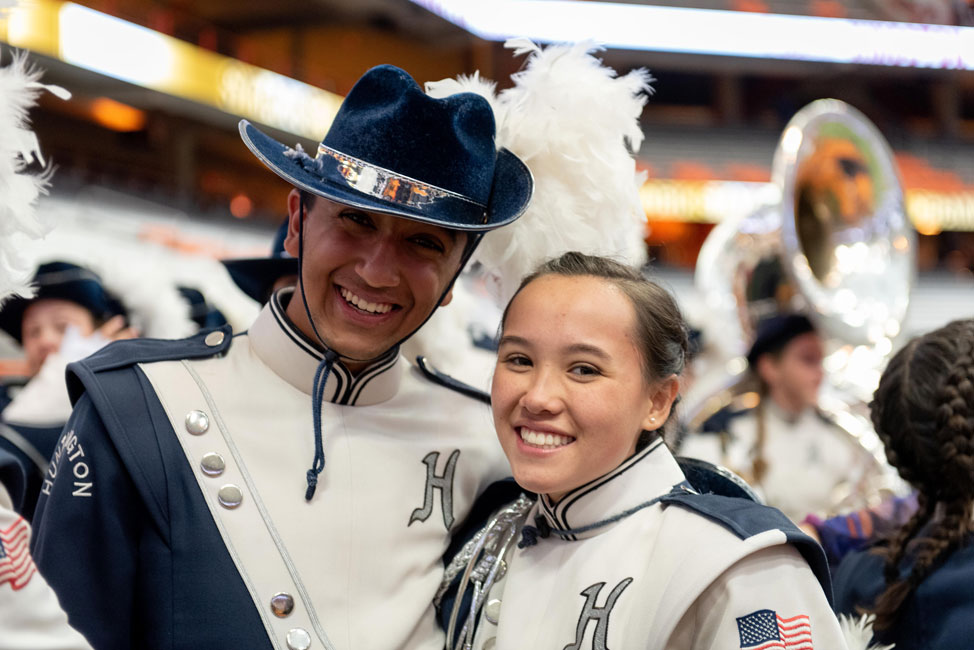Blue Devil marching band members were all smiles after their performance. (Darin Reed photo.)