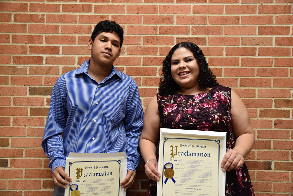 Huntington High School juniors Ricardo Romero and Claudia Villatoro were honored by the town last Friday night 
