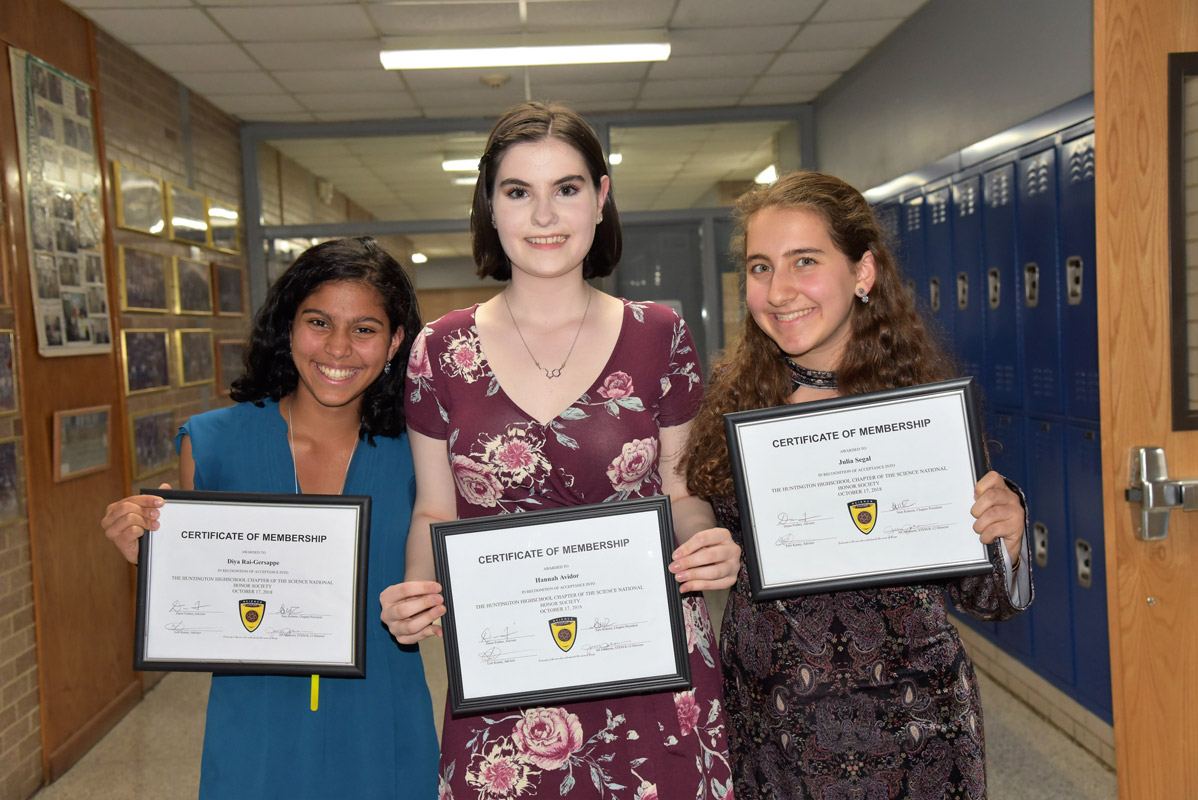 Diya Rai-Gersappe, Hannah Avidor and Julia Segal are happy new Science Honor Society members.