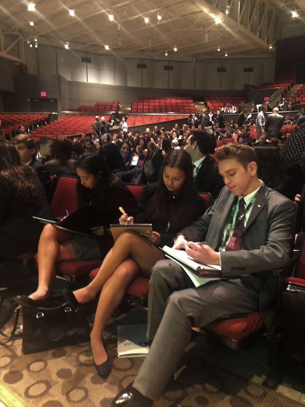 The Huntington business students reviewed final details associated with their elevator pitch.