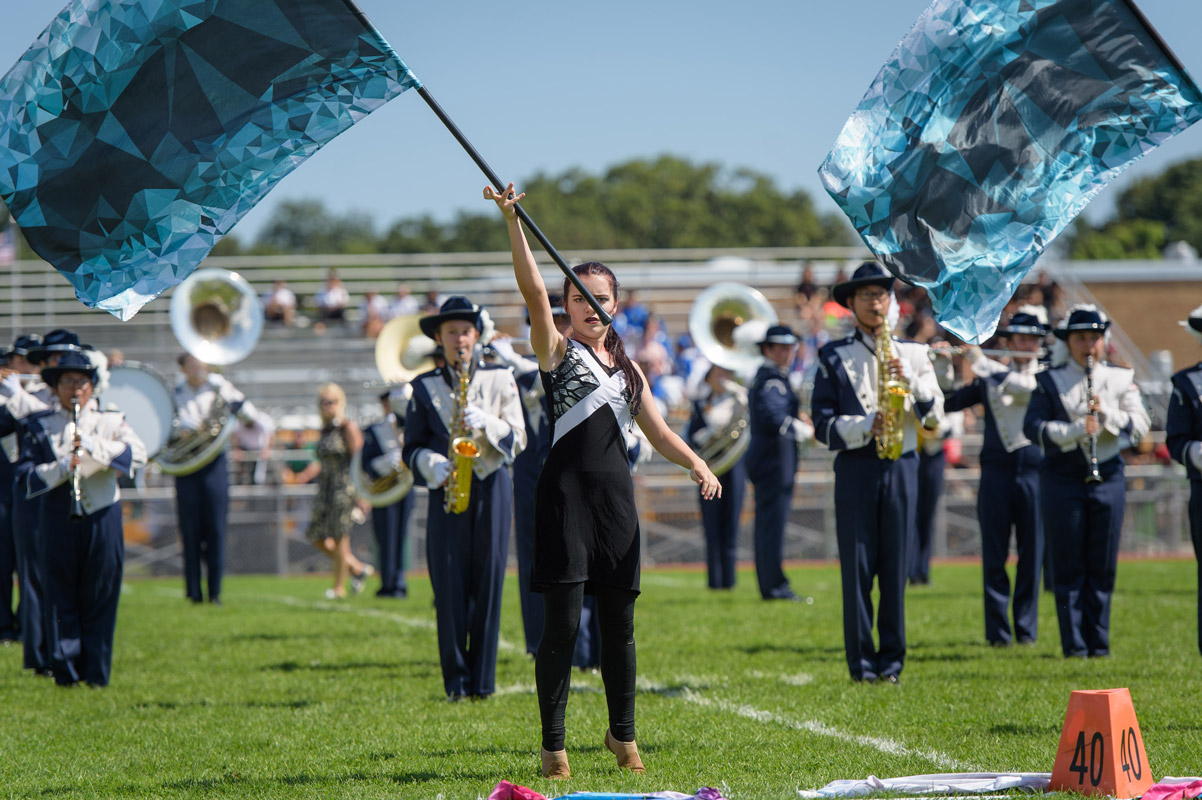 The Huntington Blue Devil marching band's color guard is a highly regarded unit. (Darin Reed photo.)