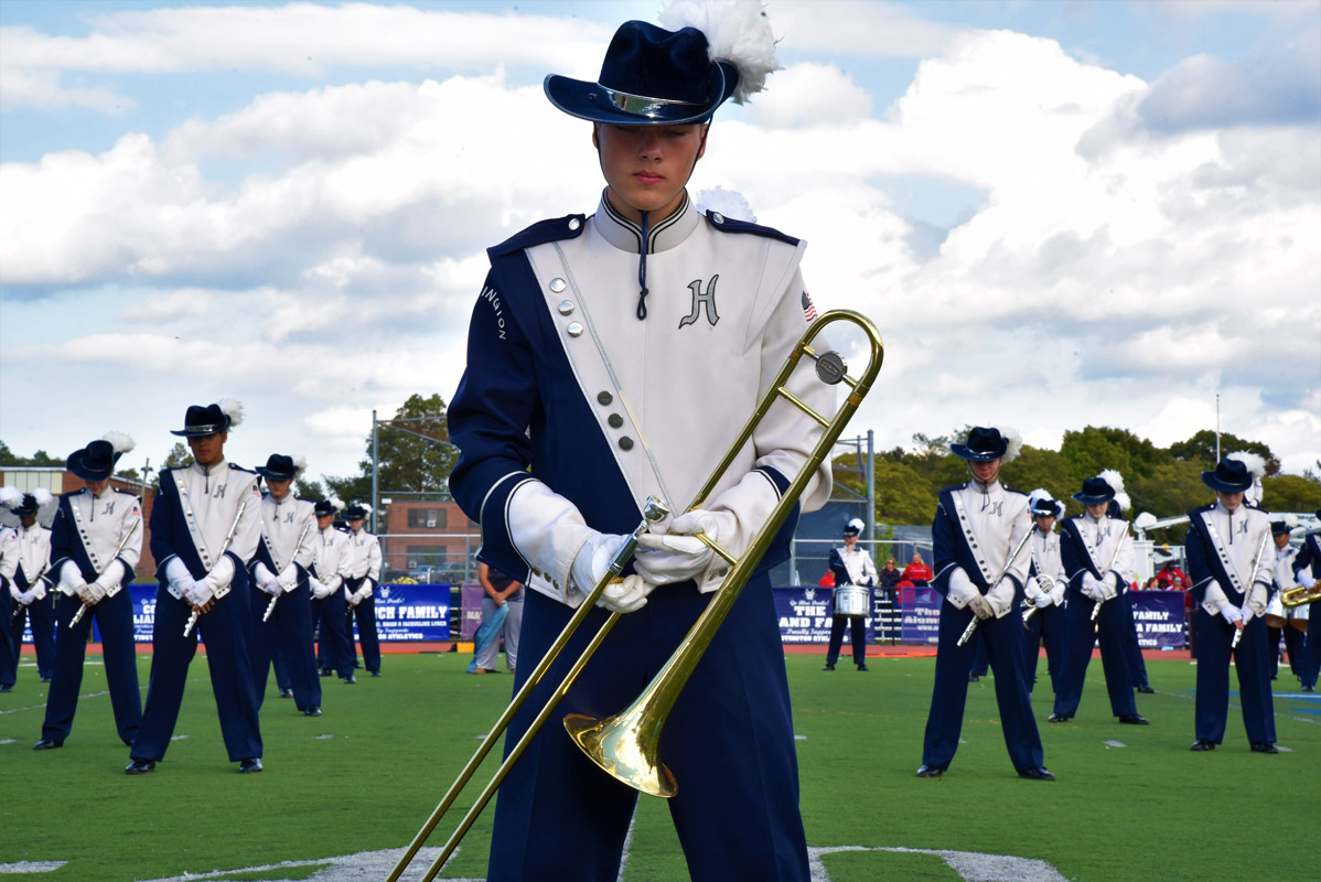 The Blue Devil marching band performed at halftime of the football game on Homecoming Day