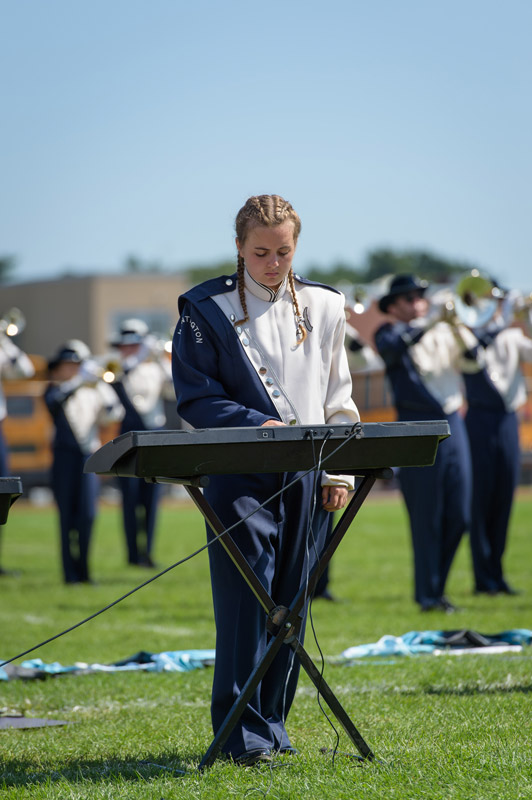 Senior Katherine DeGennaro on keyboard for the Blue Devil band. (Darin Reed photo.)