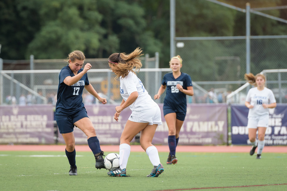 Marissa Stafford (left) goes one on one this fall. (Darin Reed photo.)