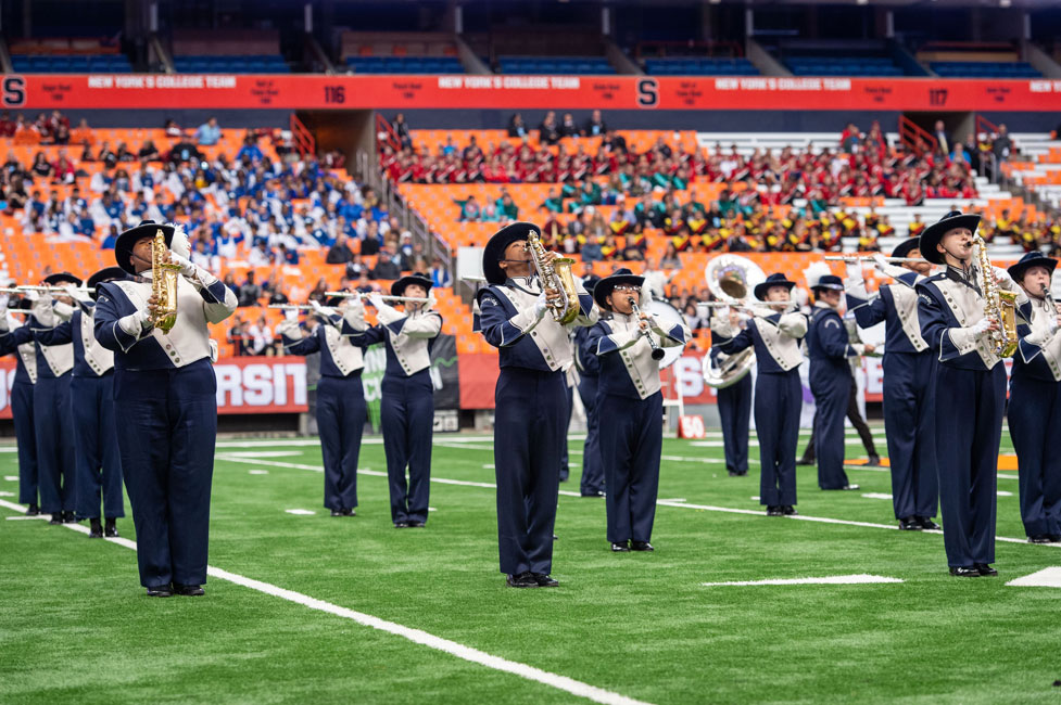 The Huntington Blue Devil marching band at the New York State championships in Syracuse last October. (Darin Reed photo) 