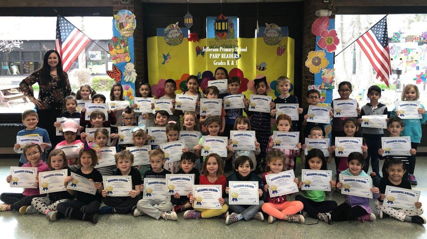 Jefferson School PARP reading award kindergarten and first grade honorees.