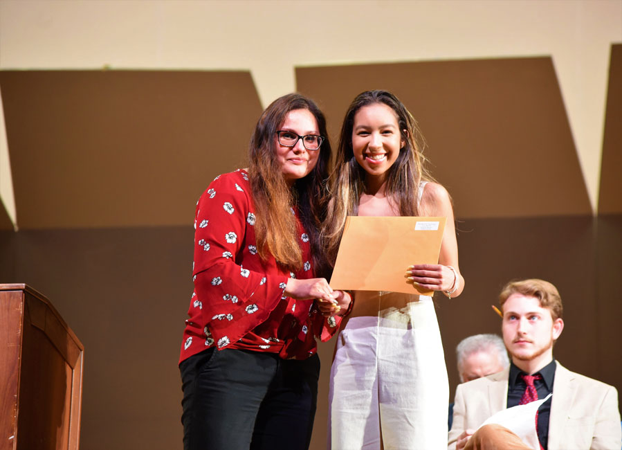 Huntington High School counselor Diana Bonilla with EC McGaul Award for Business Award recipient Natalie Gonzalez 