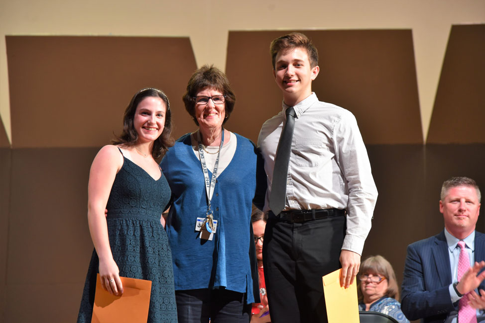 NYS State Comptroller Award recipients Katie Riley and Mathew Hearl with guidance counselor Catherine Croke 