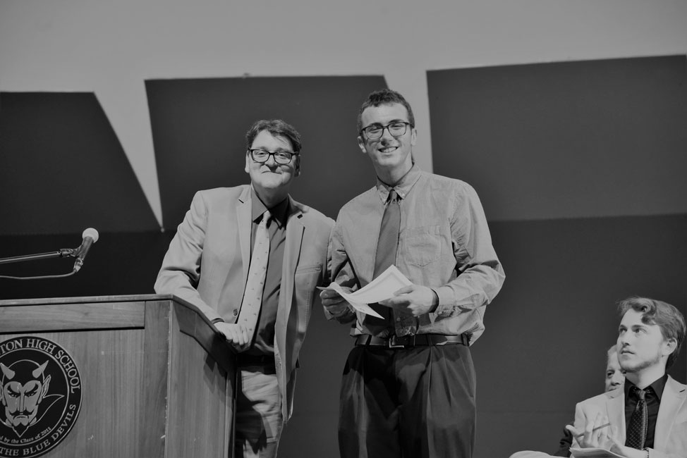 English teacher Michael Schwendemann with English Honor Society Award recipient Ryan Hoffmann.