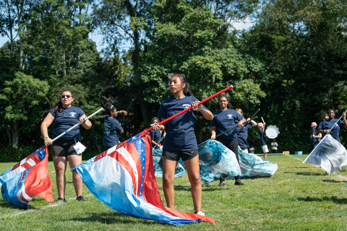 The Blue Devil color guard enhances the band's field show. (Darin Reed photo.)