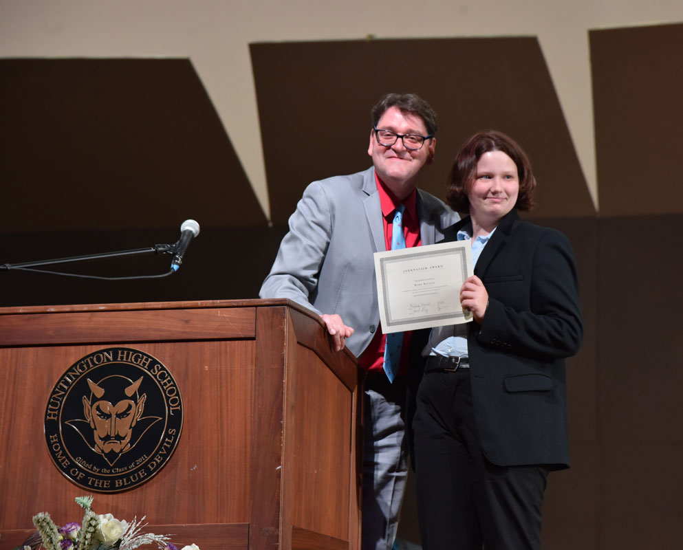 Journalism Award recipient Rory Bocelli with Huntington High School English teacher Michael Schwendemann.