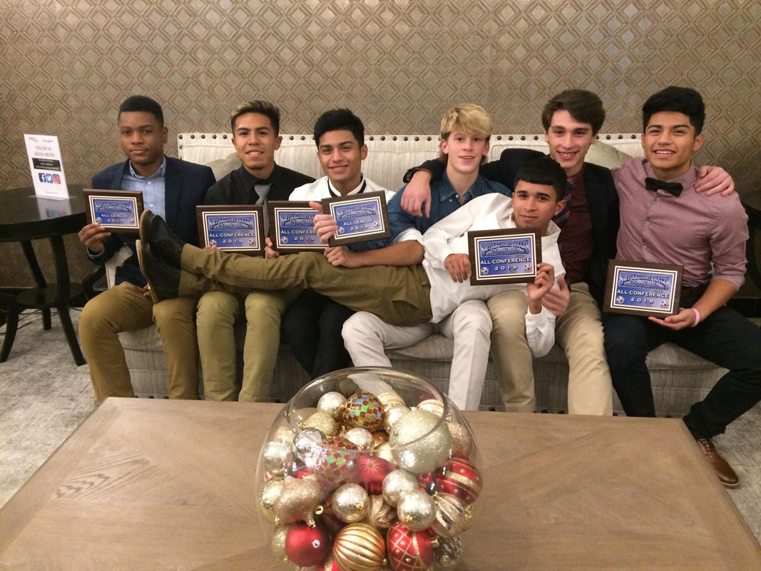 Huntington's seven county boys' soccer award recipients at Villa Lombardi's.