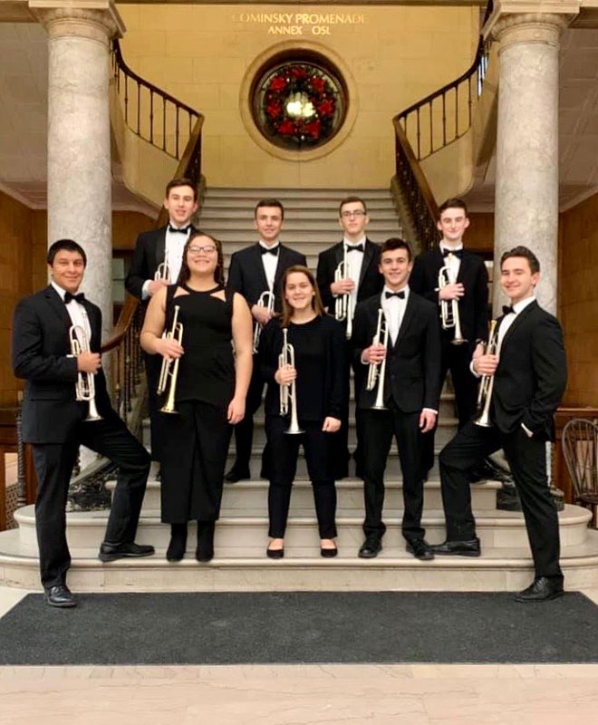 Huntington's Nathan Musso (front row left) and Michael Reed (front row right) with the All-State trumpeters. (Darin Reed photo.)