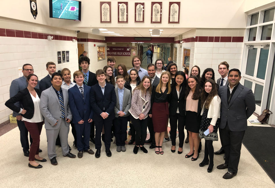 The Huntington mock trial team in the lobby of Kings Park High School prior to the first match of the season.