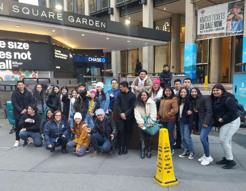 Huntington High School students outside Madison Square Garden after pulling into Penn State on the LIRR.