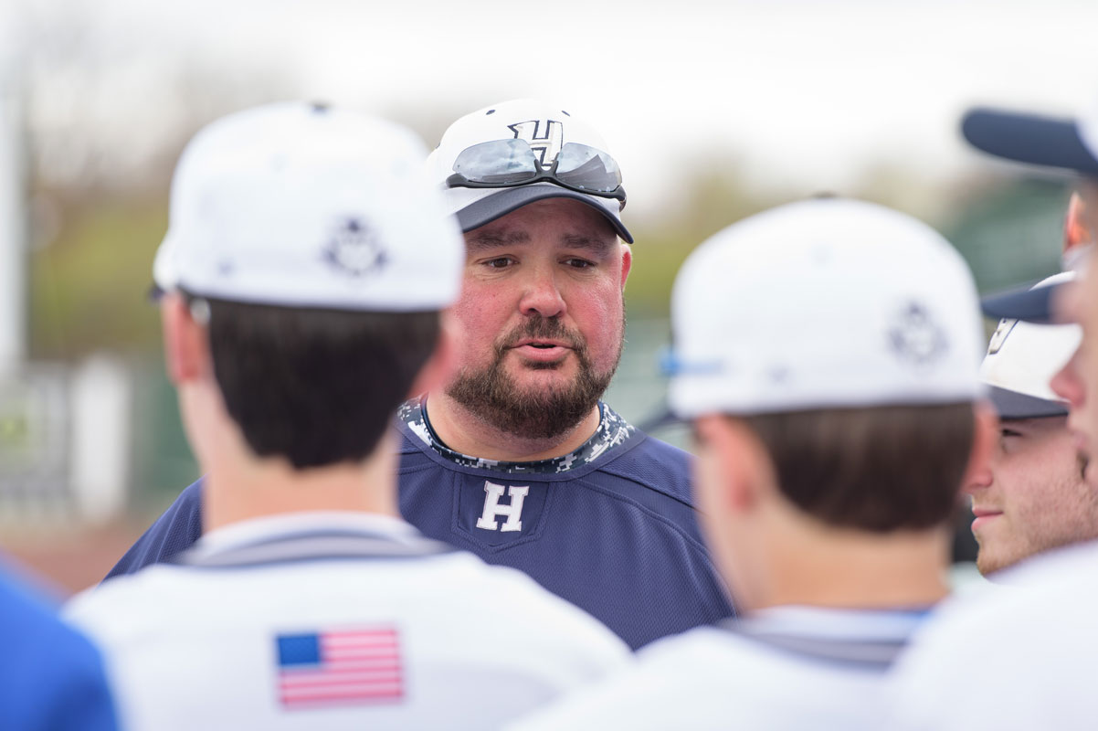 Huntington head coach Billy Harris addresses his team last spring. (Darin Reed photo.)