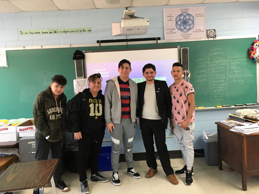 Alum Lenni Joya made presentations to Huntington High School English Language Learners.