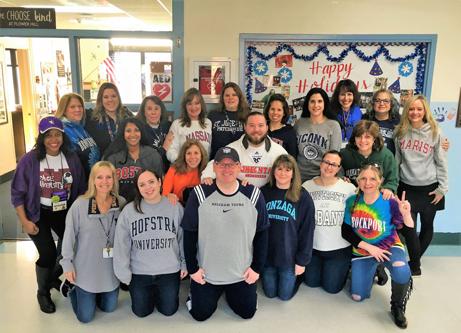 Flower Hill School faculty members came dressed in college gear for College Awareness Day.