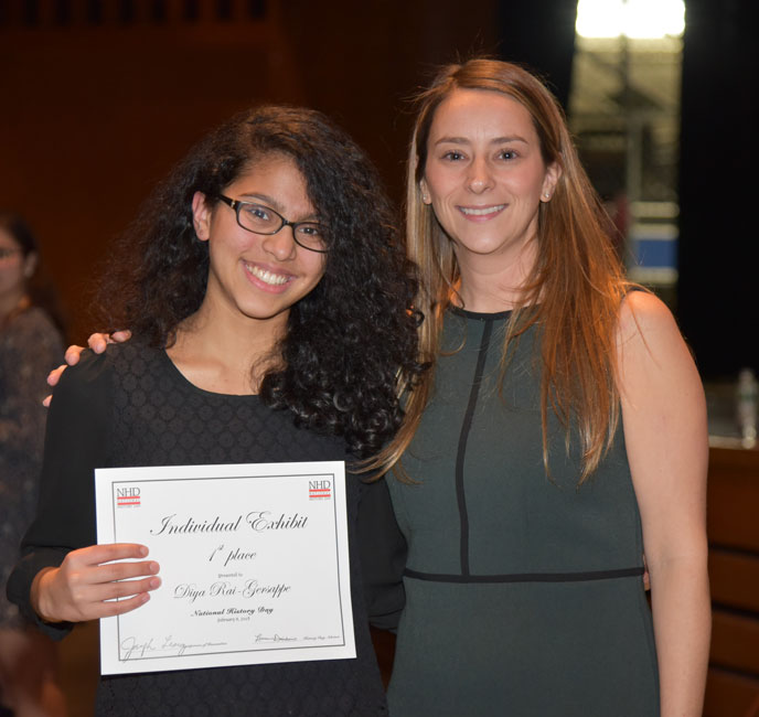 Teacher Lauren Desiderio with National History Day Individual Exhibit first place recipient Diya Rai-Gersappe.