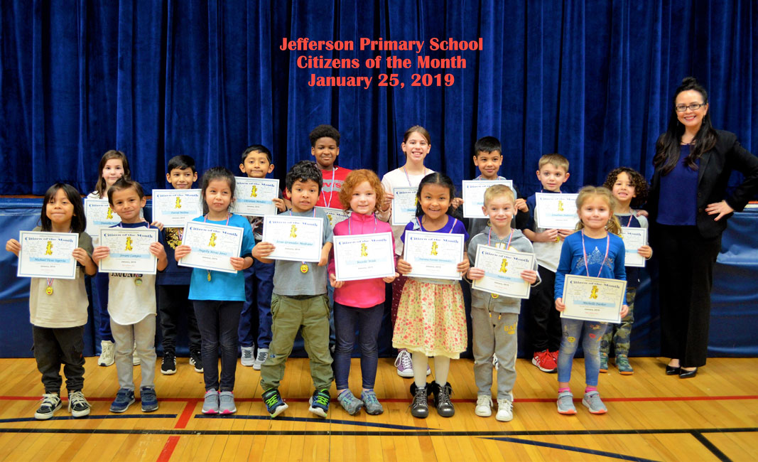 Jefferson School Principal Valerie Capitulo-Saide with January's Citizens of the Month.