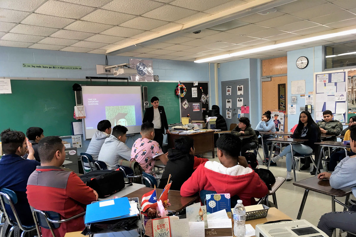 Alum Lenni Joya made presentations to Huntington High School English Language Learners.